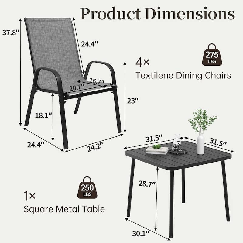 5-Piece Outdoor Dining Set with 4 Stackable Dining Chairs and Square Dining Table, Patio Conversation Set for 4