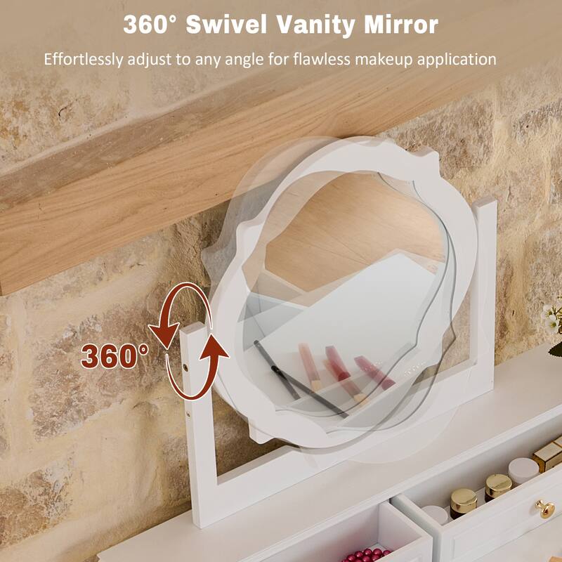 2-Piece Makeup Vanity Desk Set with PU Upholstered Stool, 5 Drawers Vanity Table Dressing Table with Swivel Vanity Mirror, White