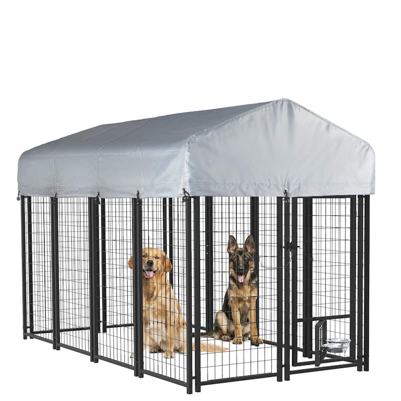 BOSSIN Large Outdoor Dog Kennel Galvanized Steel Fence with UV-Resistant Oxford Cloth Roof & Secure Lock - Black - 93"L x 50.4"W x 56.6"H - Assembly Required