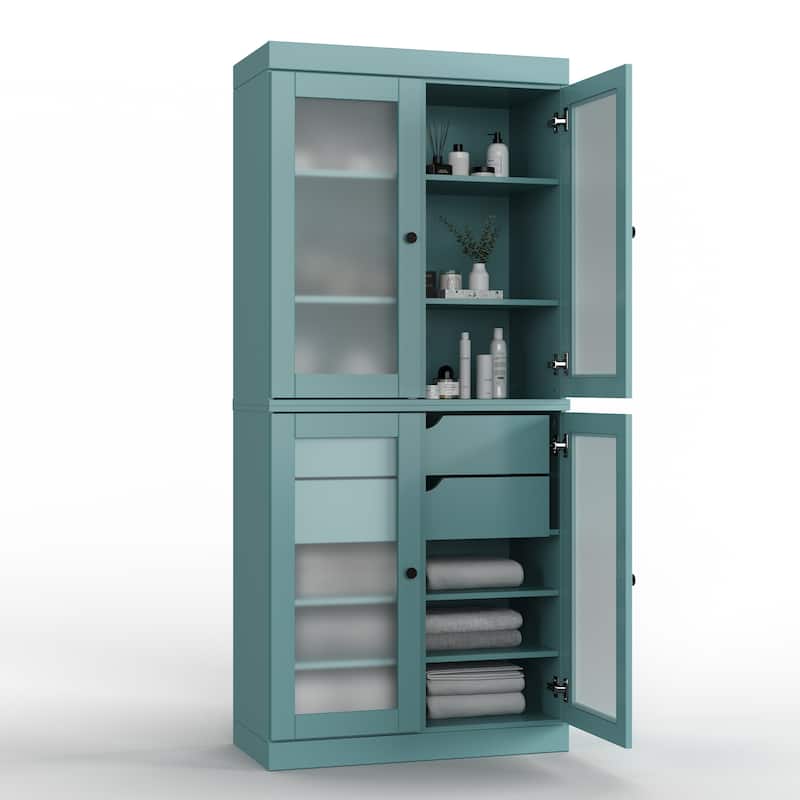 Palace Imports 100% Solid Wood 32" Bathroom Cabinet with Frosted Glass Doors, 2-Drawers and Adjustable Shelves - Aqua Blue