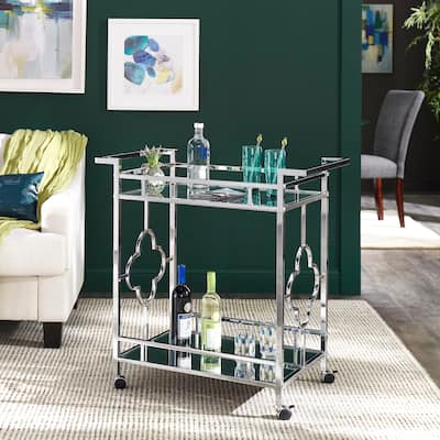 Rosewood Chrome Floral Bar Cart with Mirror Bottom and Glass Top by iNSPIRE Q Bold