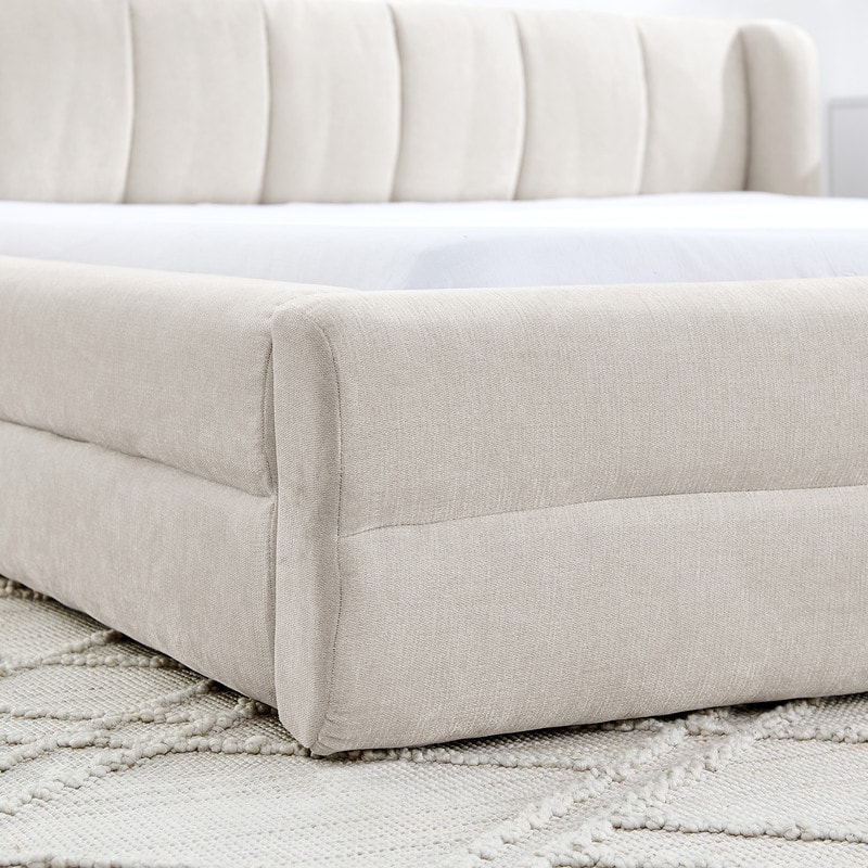 Queen-Sized Chenille Upholstered Bed with Headboard and Solid Frame.