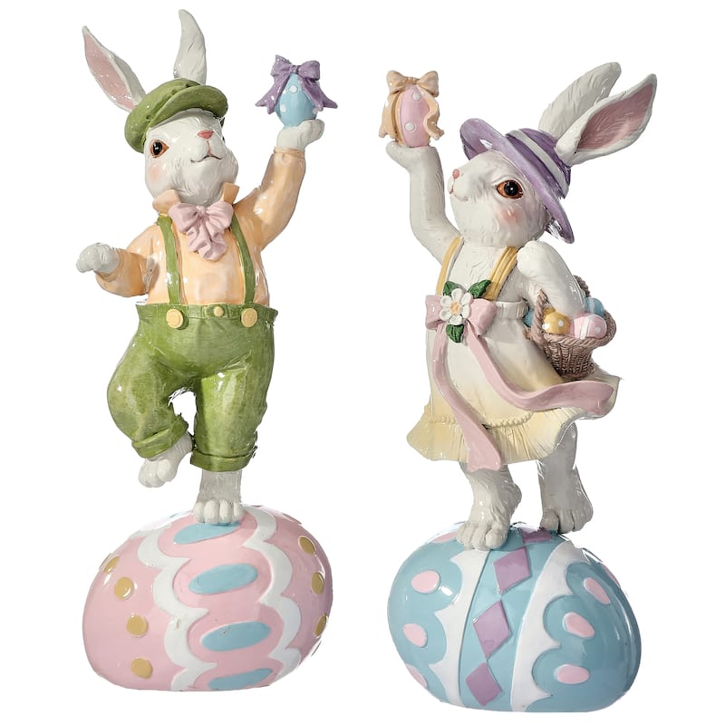 10" Resin Bunny On Egg Set of 2
