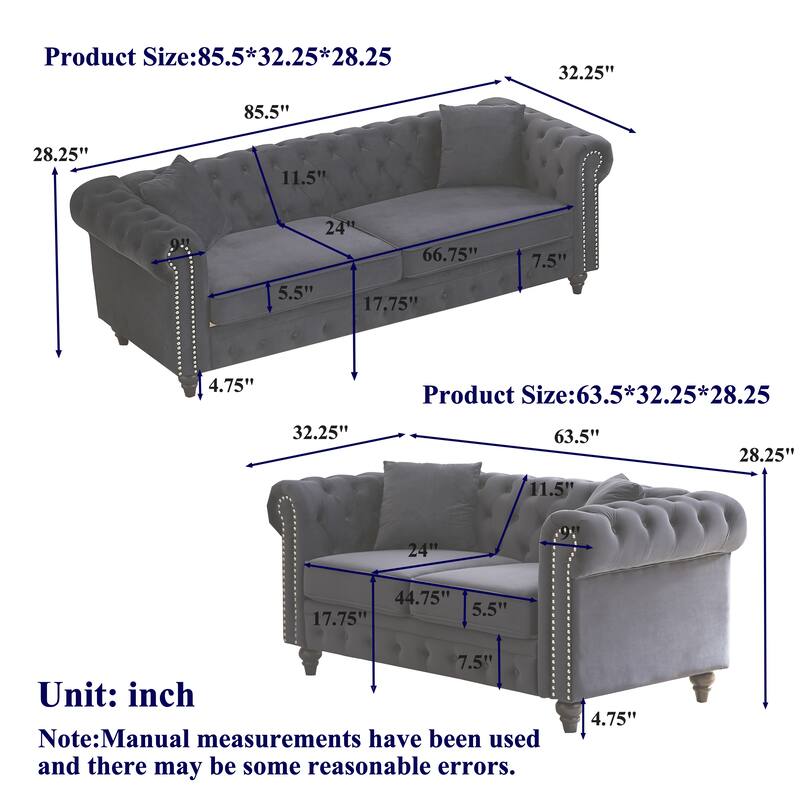 Nailheads Accent Velvet Button Tufted Chesterfield Sofas Set with Deep Seat Loveseat and 3 Seater Lounge Couch for Living Room