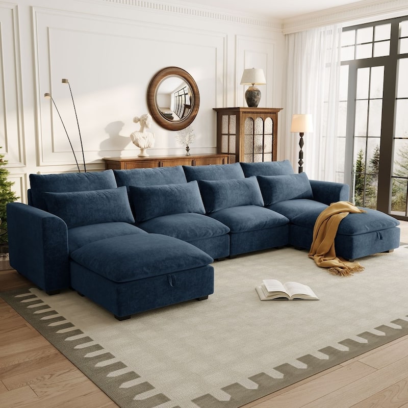 Modern U-shaped Modular Linen Blend Sectional Sofa with 2 Storage Ottomans and 4 lumbar pillows