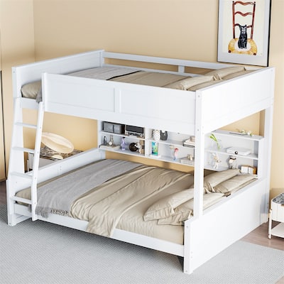 Full XL over Queen Bunk Bed with Storage Cabinets and USB Ports