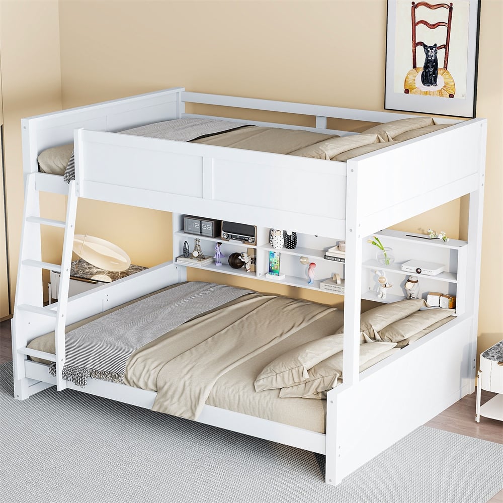 Full XL over Queen Bunk Bed with Storage Cabinets and USB Ports