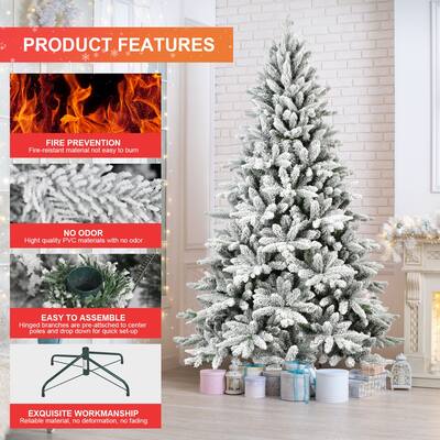 5-7ft Flocked Christmas Tree with Lifelike Tips, Automatic Hinged Structure, and Reinforced Stand