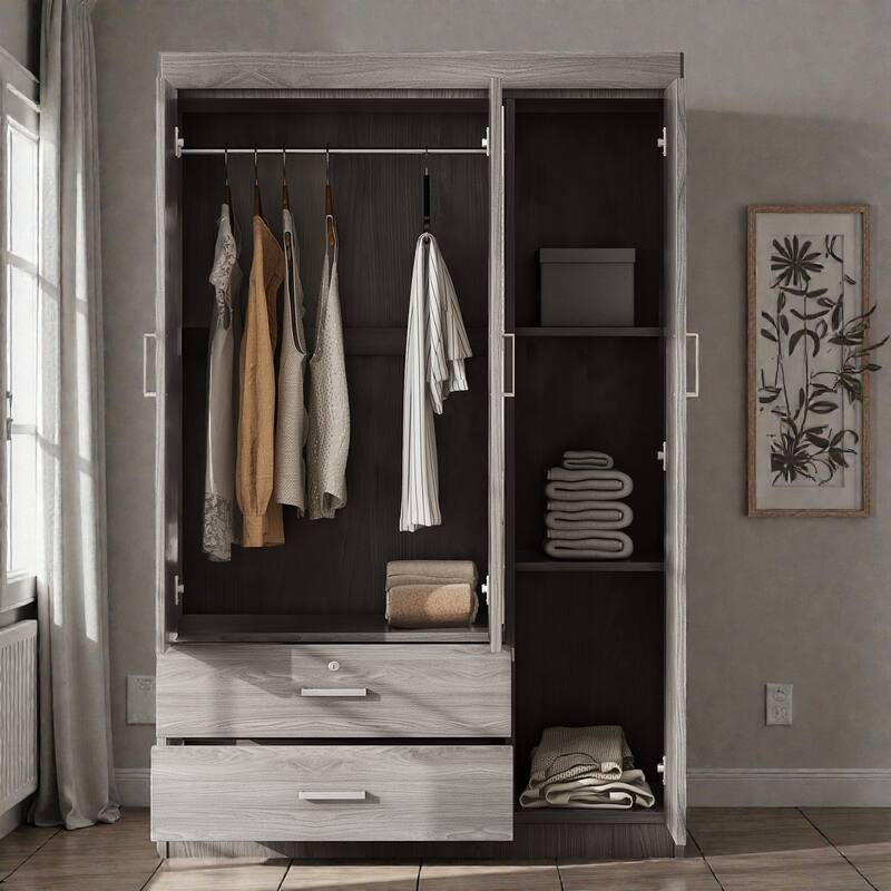 3 Door Wardrobe with Mirror and Shelves, MDF Bedroom Armoire with Lockable Drawer and Storage Drawers