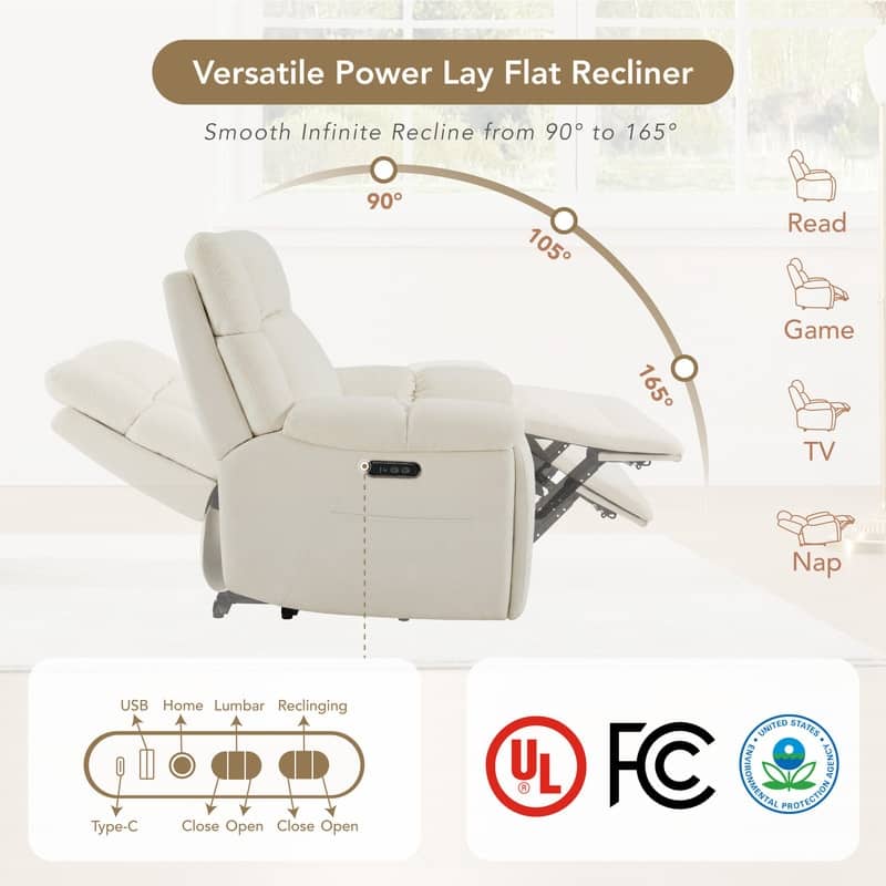 Spruce & Spring Power Lay Flat Nursery Recliner with Bluetooth Speakers and Power Lumbar Support
