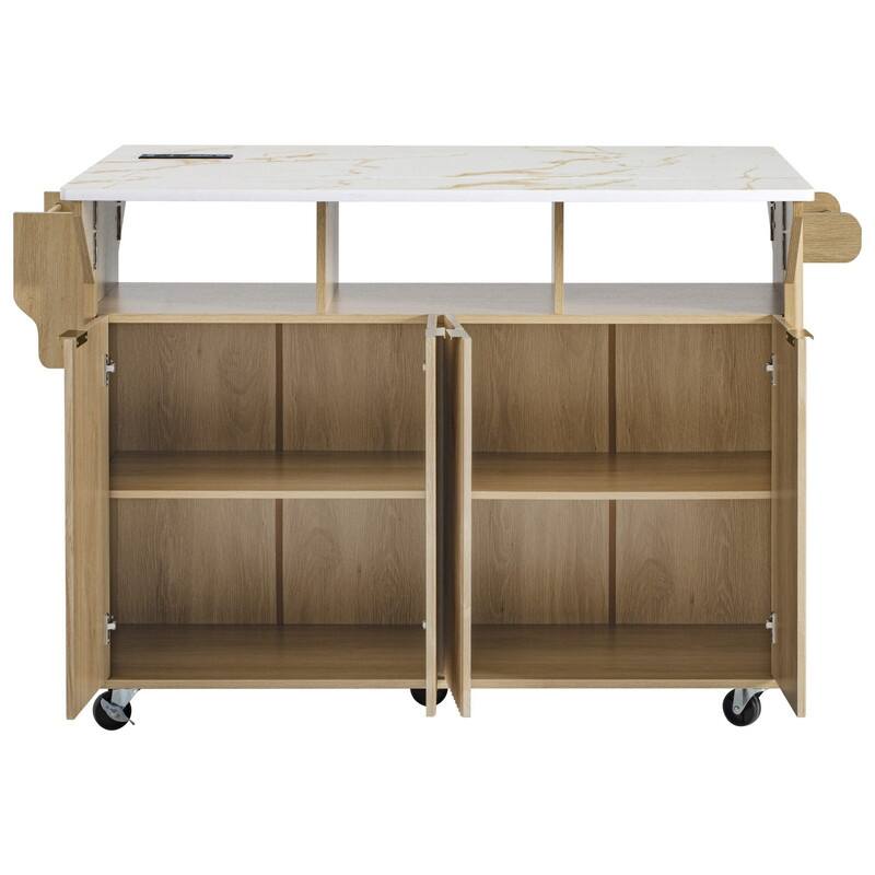 Modern 55.5" Fluted Kitchen Island with Drop Leaf, Kitchen Storage Cart on 5 Wheels with Power Outlet, Spice rack,Curved Edge