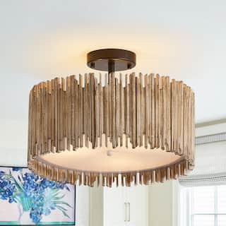 Distressed White 3-Light Wood Drum Semi-Flush Mount Ceiling Light