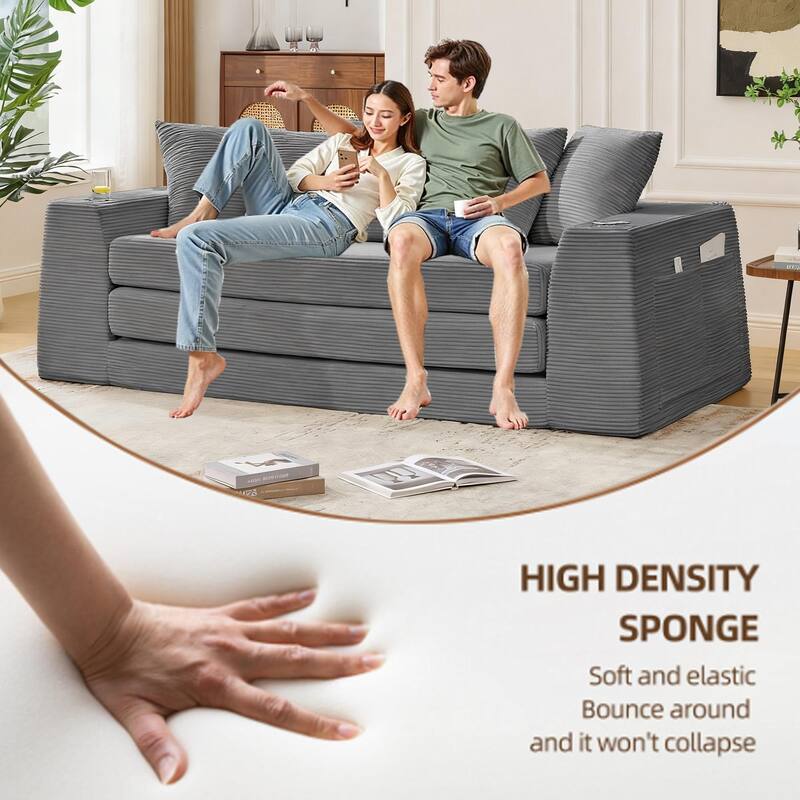 Modern Convertible Loveseat Sofa Bed, Corduroy Fabric Foldable Floor Couch w/5 Pillows, Side Pockets & Cup Holders, No Assembly
