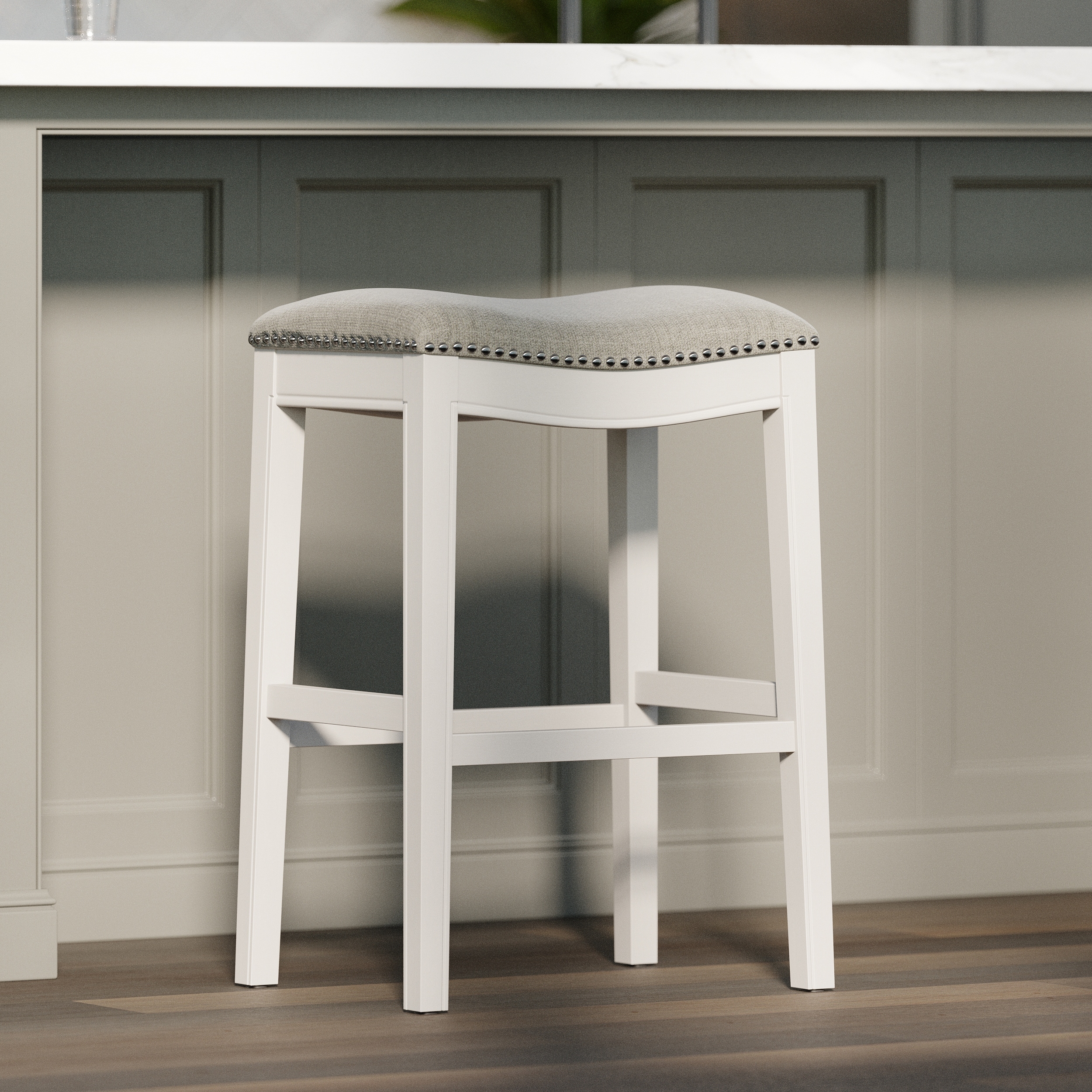 Farmhouse 31" Upholstered Bar Stool with Wood Frame, Saddle Seat & Nailhead Trim by GDFStudio
