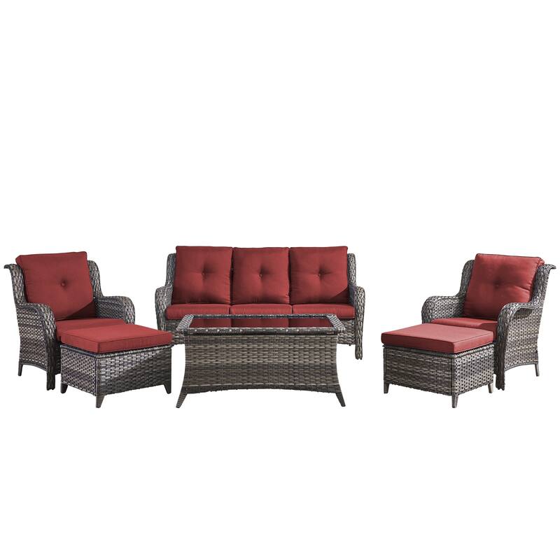 Pocassy 6 Pieces Outdoor 3-Seat Sofa Chairs Table Ottoman