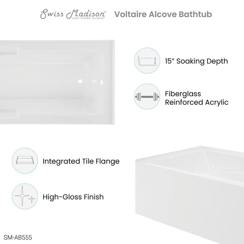 Voltaire 72" x 36" Right-Hand Drain Alcove Bathtub with Apron and Armrest - 72x36 Right