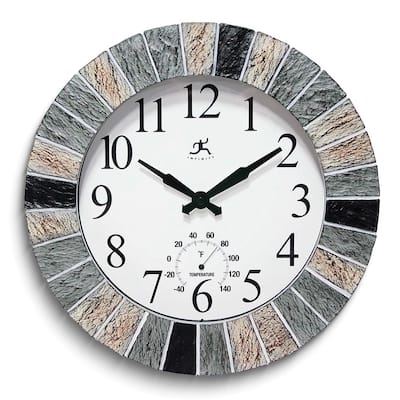 Curata Faux Slate Stone Indoor and Outdoor Wall Clock with Thermometer