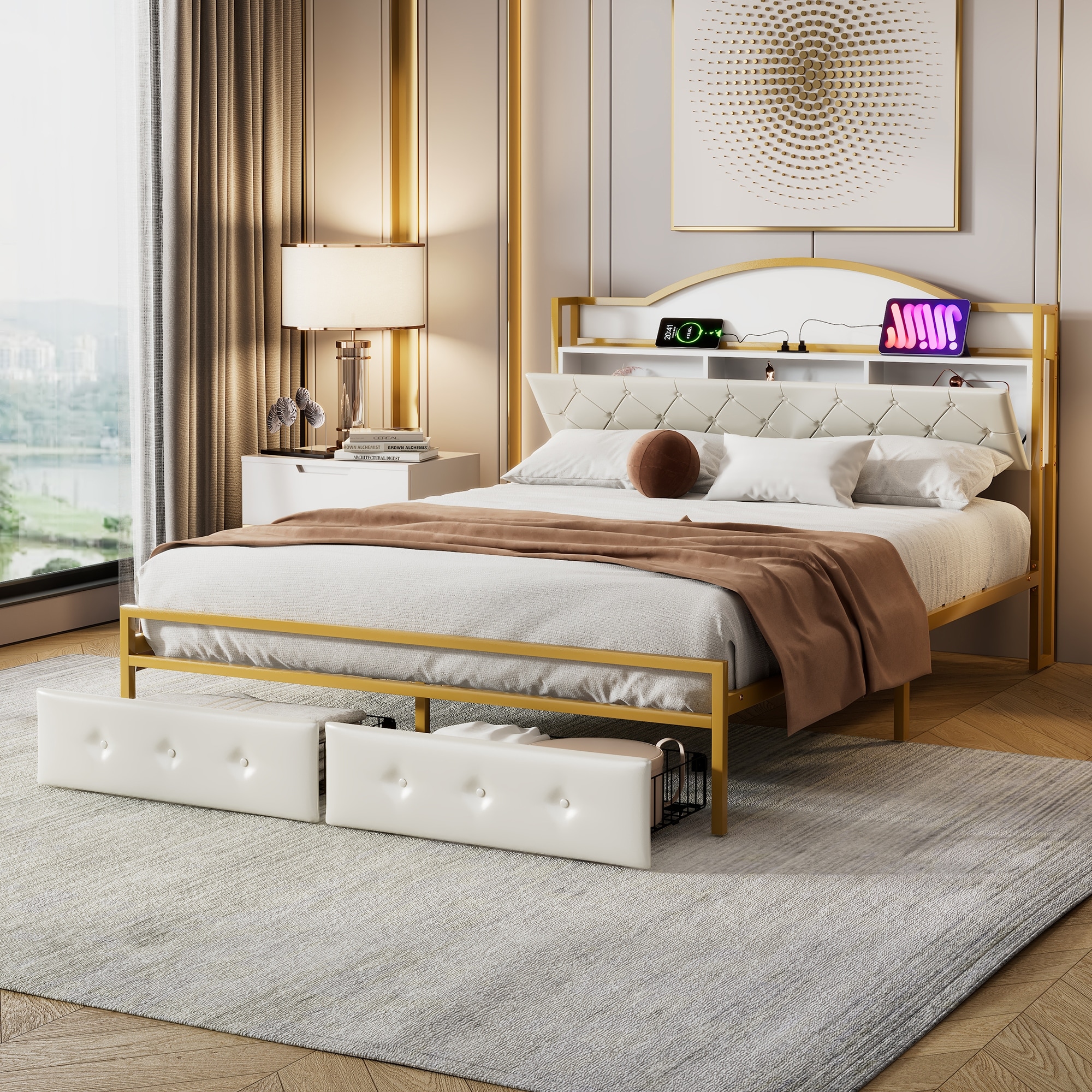 Metal Platform Bed With 2 drawers, Storage Headboard