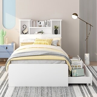 Twin Size Platform Bed Slat Support Storage Bed Frame with 2 Drawers, Slats, LED Headboard and Footboard - White
