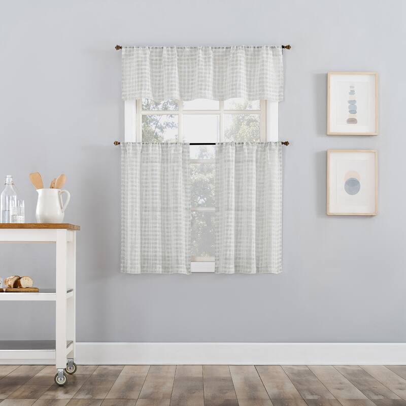 No. 918 Tayen Slub Windowpane Semi-Sheer Rod Pocket 1-Piece Kitchen Curtain Valance - 54" x 15"