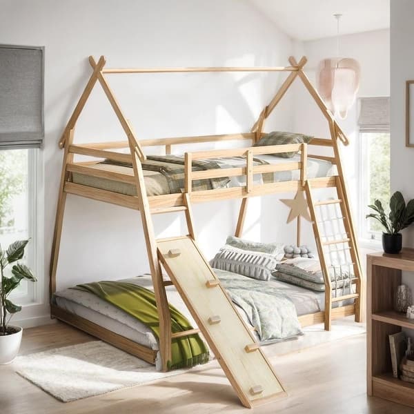 slide 2 of 24, Artsy Twin over Queen House Bunk Bed with Climbing Nets and Climbing Ramp, Maximized Space & Playful Design Natural