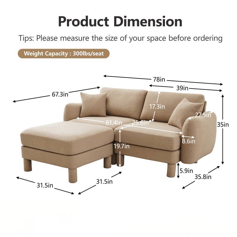 2-seater Loveseat Sofa Couch With Distinctive Shell-shaped Armrests And Removable Ottoman