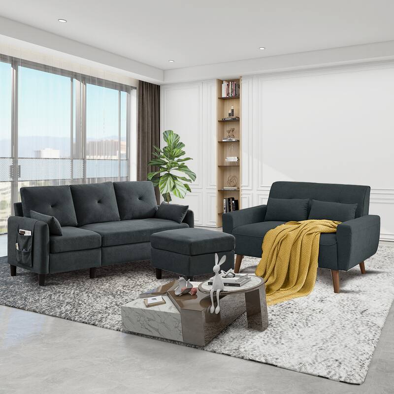 3 Pieces Living Room Set with Storage Ottoman