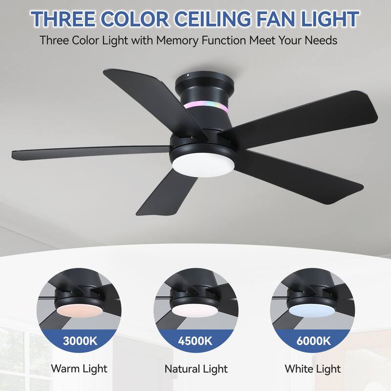 Kviflon 46 Inches RGB Flush Mount Ceiling Fan with Light and Remote,DC Motor,for Living Room Bedroom