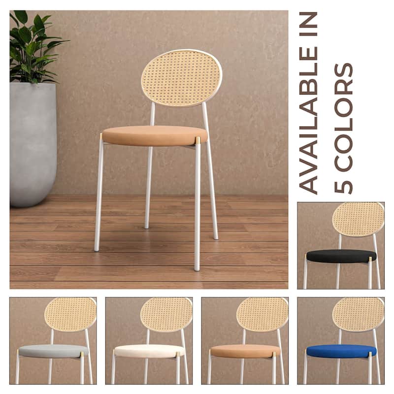 LeisureMod Euston Modern Dining Chair with Upholstered Velvet Seat - Wicker Back and White Stainless Steel Legs Accent Chair