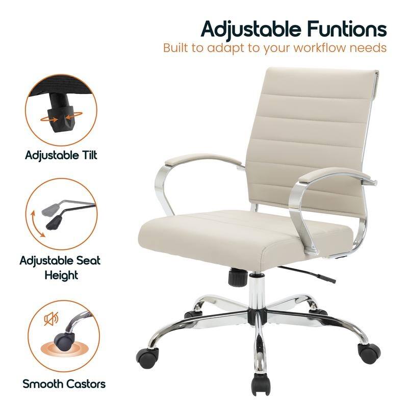Benmar Modern Leather Ribbed Executive Office Chair with Chrome Frame, Adjustable Height, 360° Swivel, and Rolling Casters