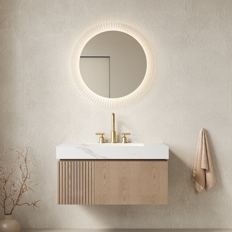Floating Bathroom Vanity with Sintered Stone Top & Undermount Ceramic Basin with Three Pre-drilled Faucet Holes - 35.83'' x 18.9'' x 17.72'' - Light Brown and Carrara White