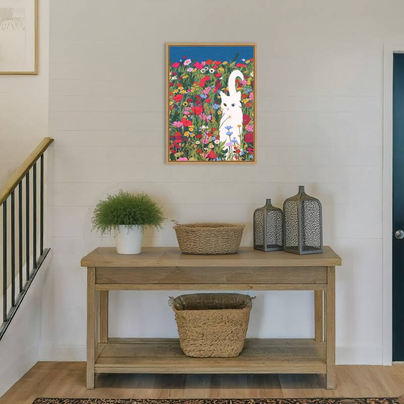 White Cat in the Wildflowers by Ec Mazur Framed Canvas Wall Art