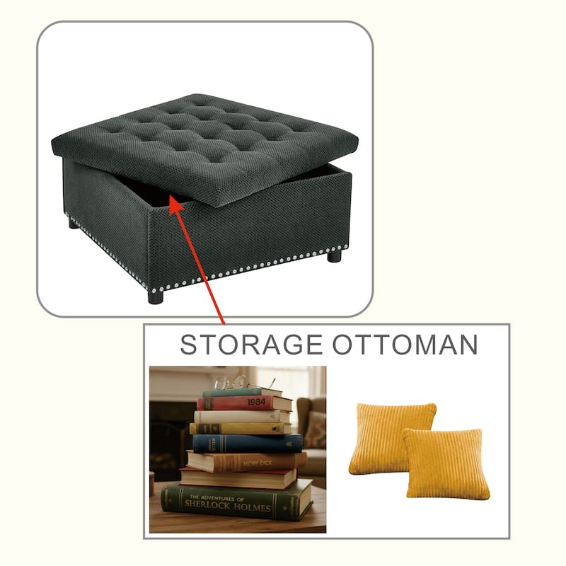 Square Tufted Upholstered Storage Ottoman with Nailhead Trim