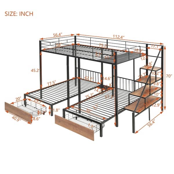 Full Over Twin-Twin Triple Bunk Bed with Drawers and Staircase