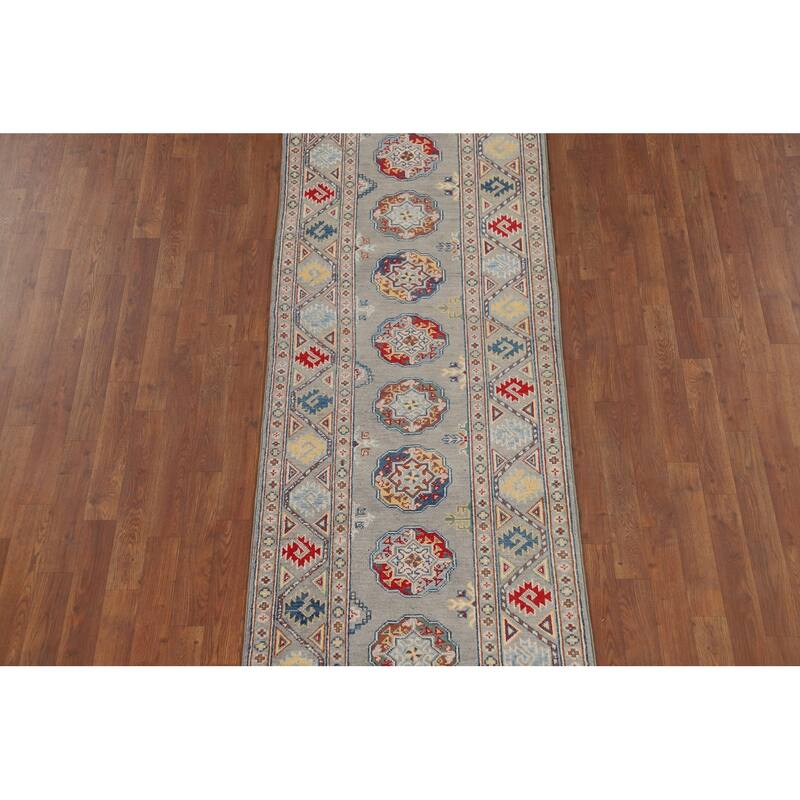 Gray Geometric Kazak Oriental Runner Rug Hand-Knotted Wool Carpet - 2'9" x 10'0"