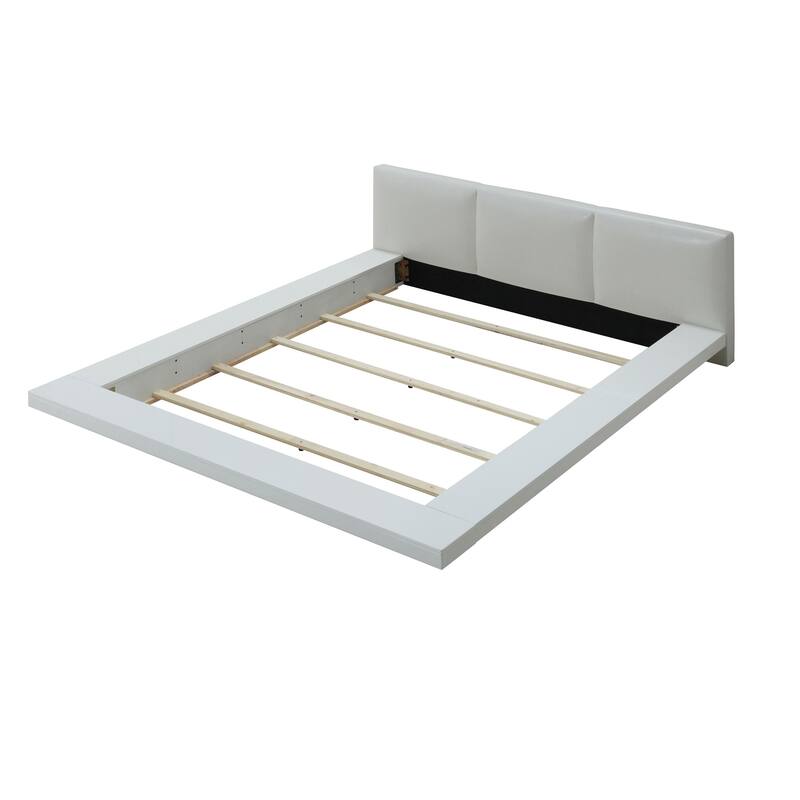 Platform Style California King Size Bed with Leatherette Headboard, White