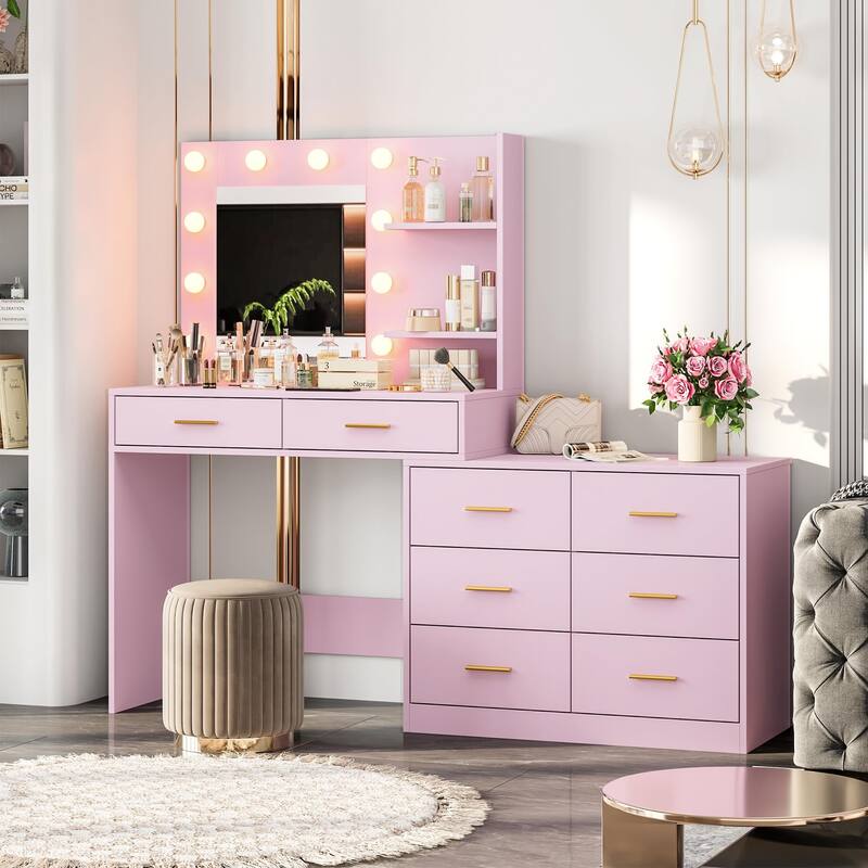 61" Make up Vanity Desk with Mirror and Lights, 3 Lighting Modes Vanity Organizer with Adjustable Brightness