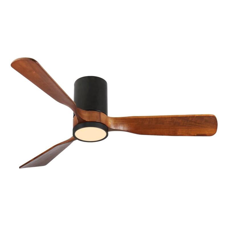 52" LED Flush Mount Ceiling Fan with Wood Blades, 6-Speed DC Remote Control