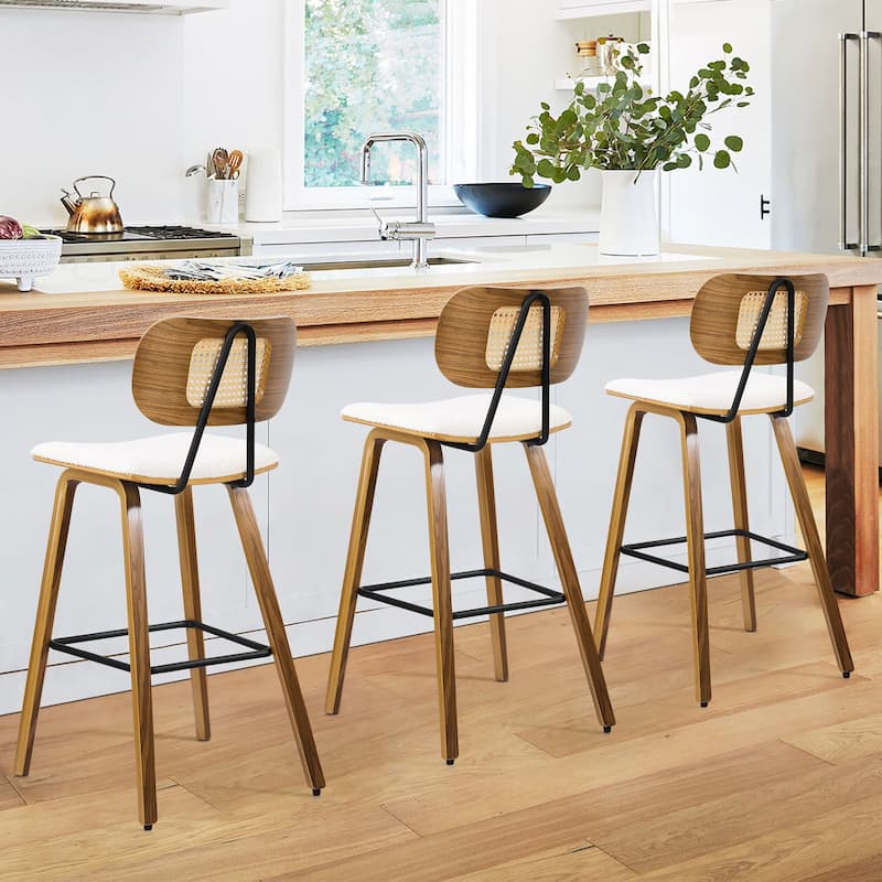 26-inch Wood Counter Height Bar Stools with Rattan Back