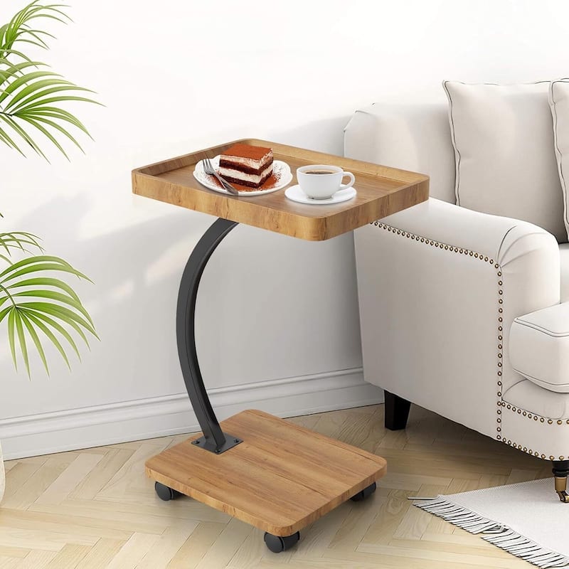 C-Shaped Side Table with Wheels, End Table for Small Spaces