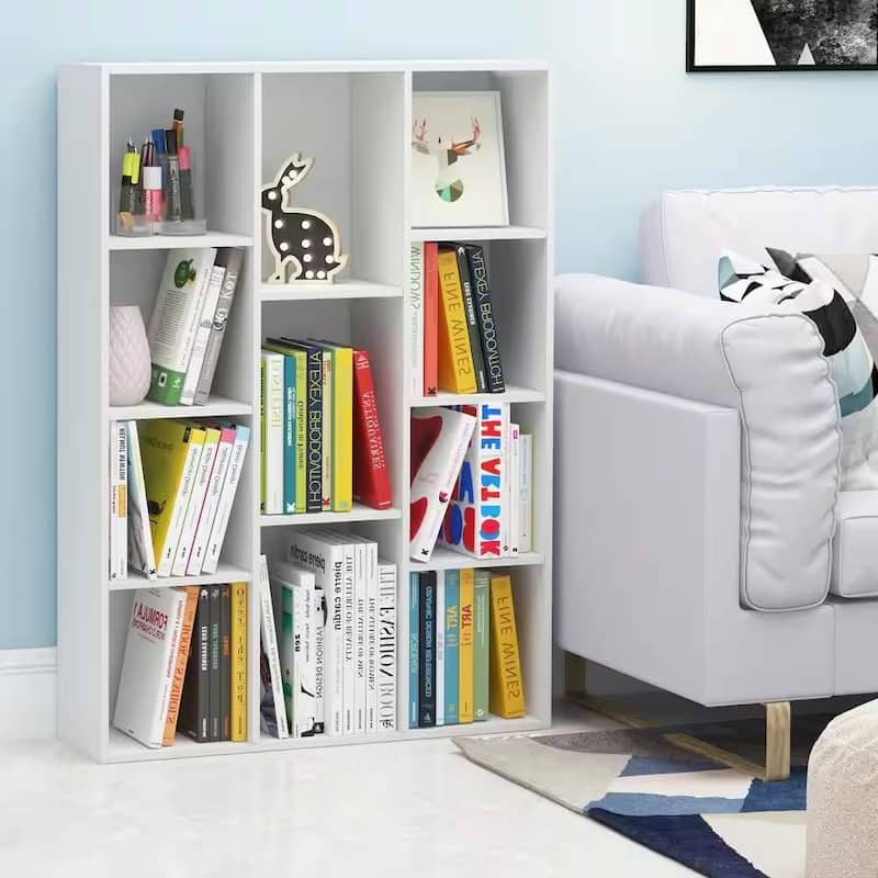 Modern 42-Inch Bookcase with Open Shelves in White Wood Finish - 11-Cube