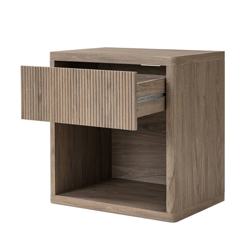 Fluted Bed Side Table End Table Nightstand with Drawer, Ash Brown Corner Table Lamp Table with Open Shelf