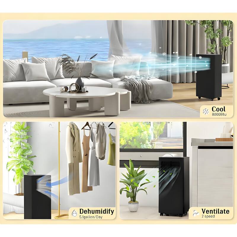 Portable Air Conditioner 8000 BTU. 3 in 1 Cooling Dehumidifier Fan. Remote Control. For Rooms up to 345 Sq Ft