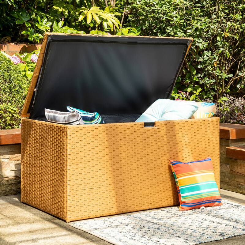 Outdoor 52.75"W 140 Gallon Patio Oversize Wicker Storage Bench Deck Box - 52.75"W x 29"D x 26"H - Natural with a 5ft Rug