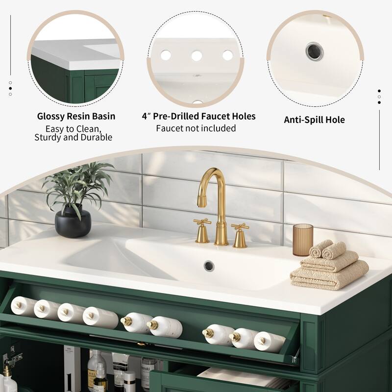 36 Inch Bathroom Vanity with Sink, Freestanding Cabinet with 2 Drawers, Tip-Out Drawer, Soft-Close Door & Resin Basin