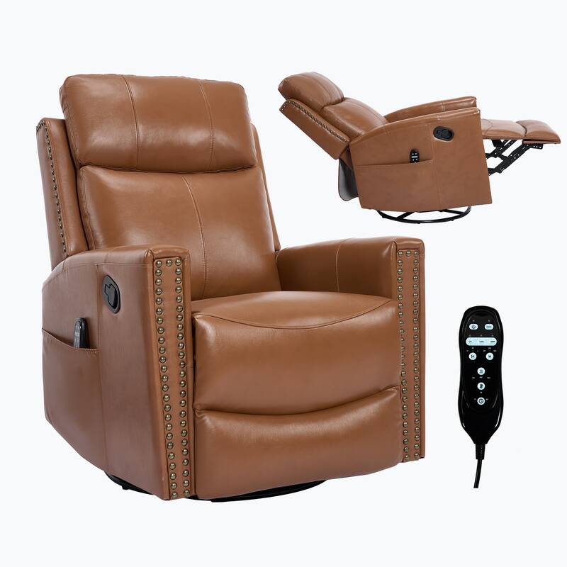 Roomfitters Genuine Leather Swivel Rocker Recliner, Manual Massage Glider with Heat and Top Grain Cowhide, Living Room