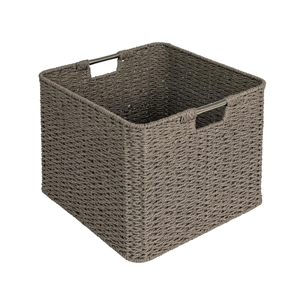 Household Essentials Woven Paper Rope Cube Basket with Stainless Steel Handles - 14.6"L x 14.6"W x 11.0"H