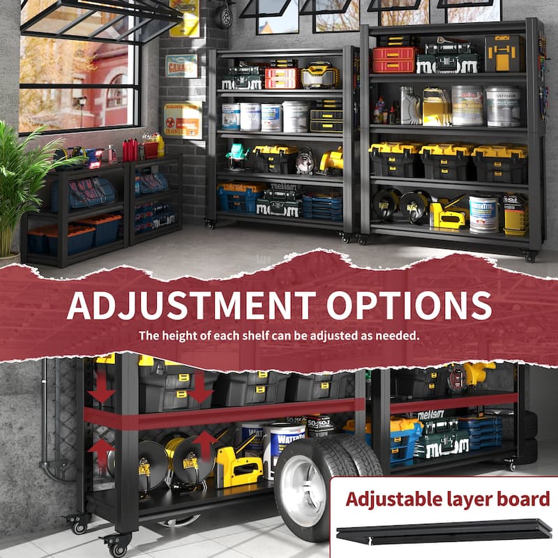 72"H 5 Tier Adjustable Shelving with Pegboard and Wheel, Heavy Duty Storage Shelves, Metal Shelving Unit Multipurpose Shelf