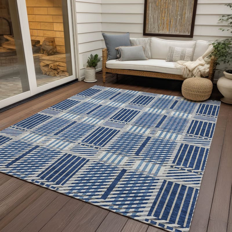 Machine Washable Indoor/ Outdoor Geometric Stripe Chantille Rug - Navy - 3' x 5'