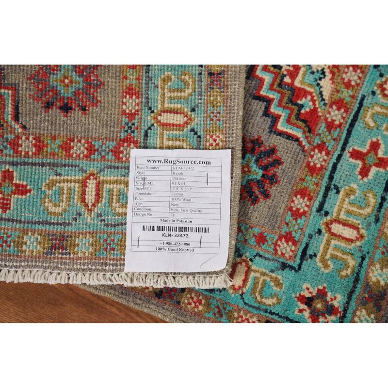 Geometric Kazak Foyer Rug Handmade Traditional Grey Wool Carpet - 2'0" x 3'0"